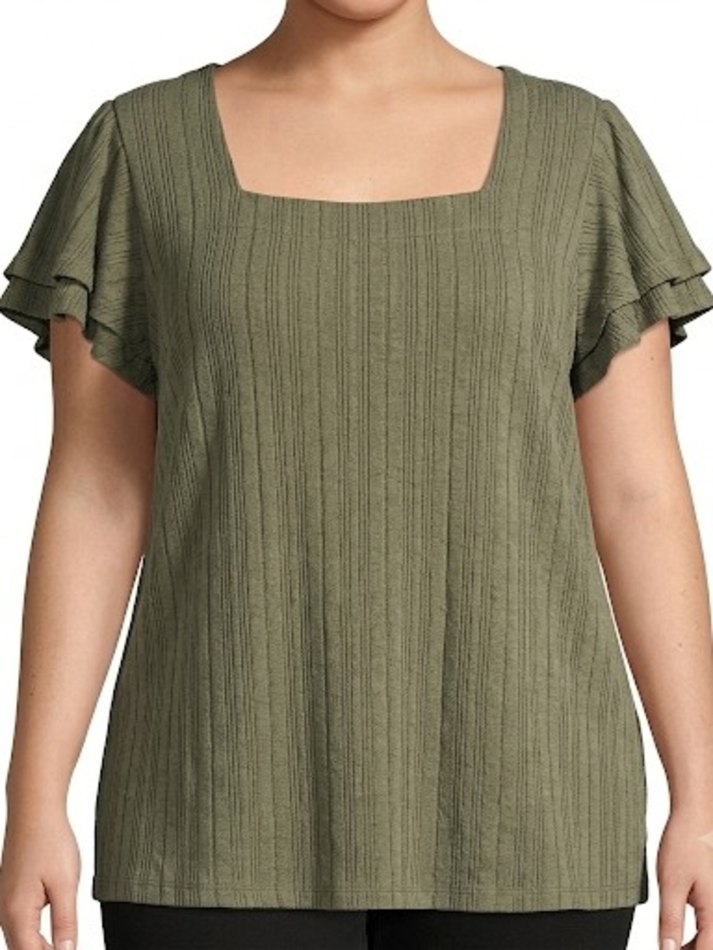 Square Neck Olive Green Flutter Sleeve Top